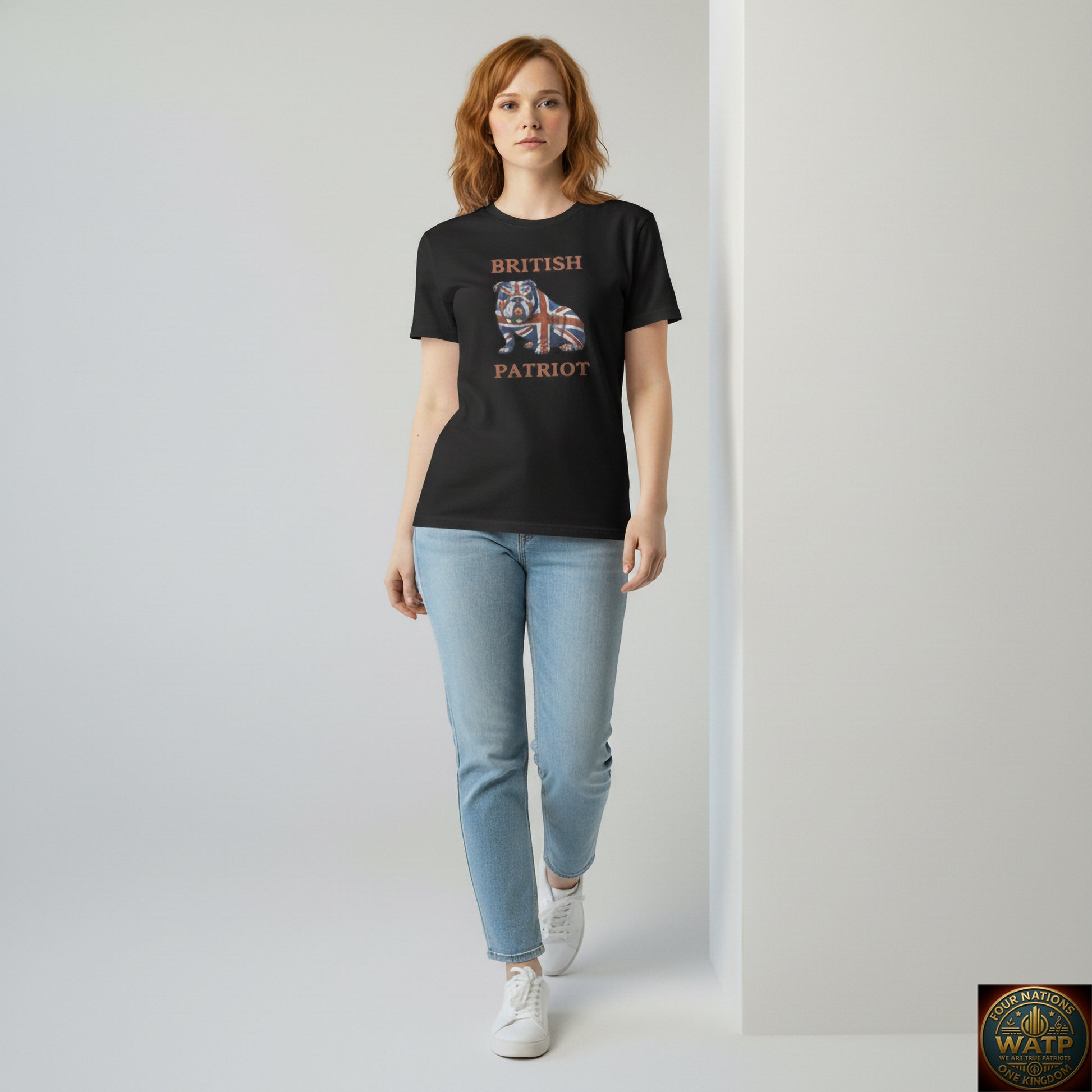 Breana wearing a black t-shirt with 'British Patriot' design on a plain background