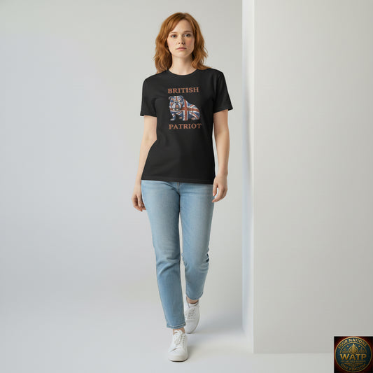 Breana wearing a black t-shirt with 'British Patriot' design on a plain background
